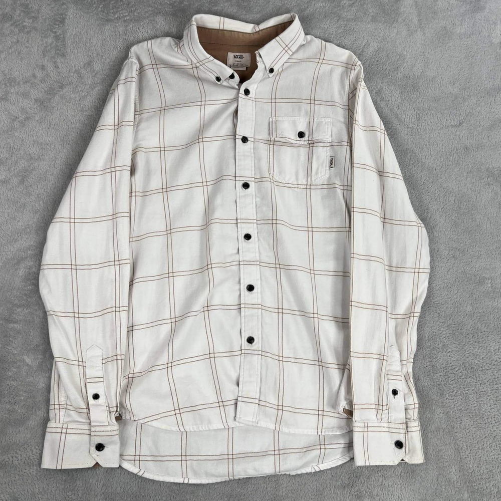 Vans Tailored Fit Grid Plaid Button Up Shirt S White Brown Mens Long Sleeve